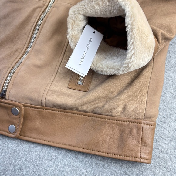 Wilsons Leather Ramona Jacket M NWT Tan Faux‎ Shearling Moto Coat Genuine Trim - Picture 3 of 15